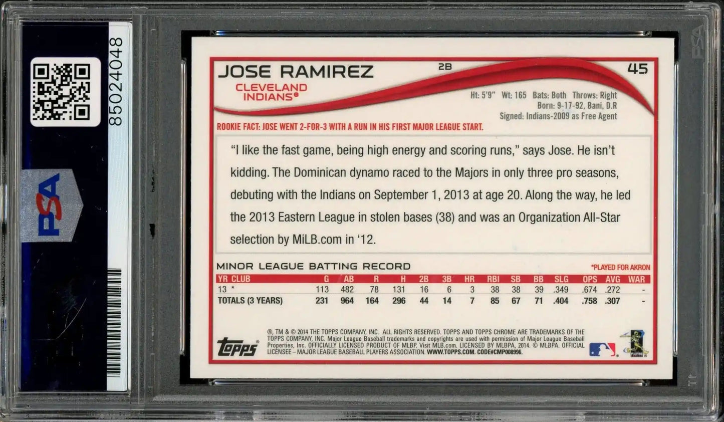Jose Ramirez Signed 2014 Topps Chrome RC #45 – Auto Graded 10 - (PSA) - Rookie Card