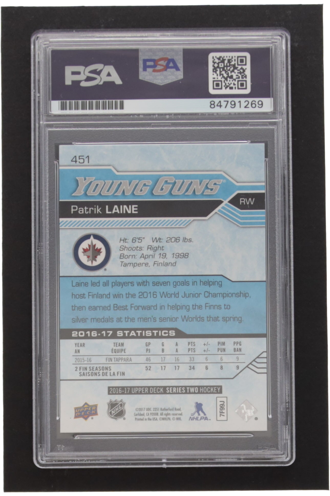 Patrik Laine Singed 2016-17 Upper Deck #451 YG RC (PSA) - Young Guns - Rookie Card
