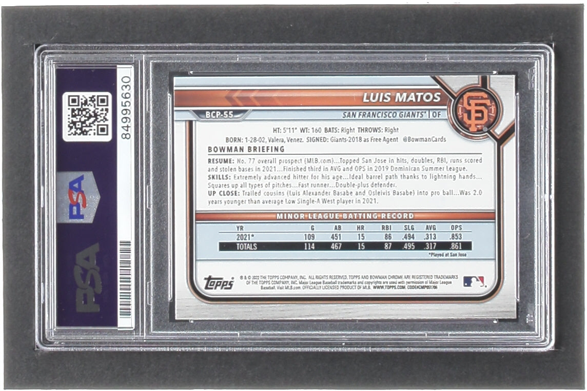 Luis Matos Signed 2022 Bowman Chrome Prospects #BCP55 (PSA) Rookie Card
