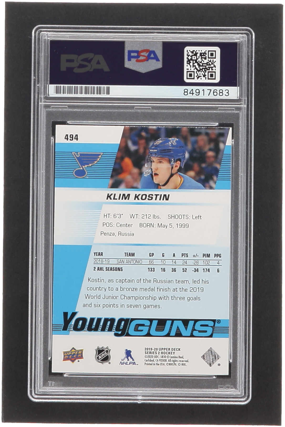 Klim Kostin Signed 2019-20 Upper Deck #494 YG RC (PSA) Rookie Card