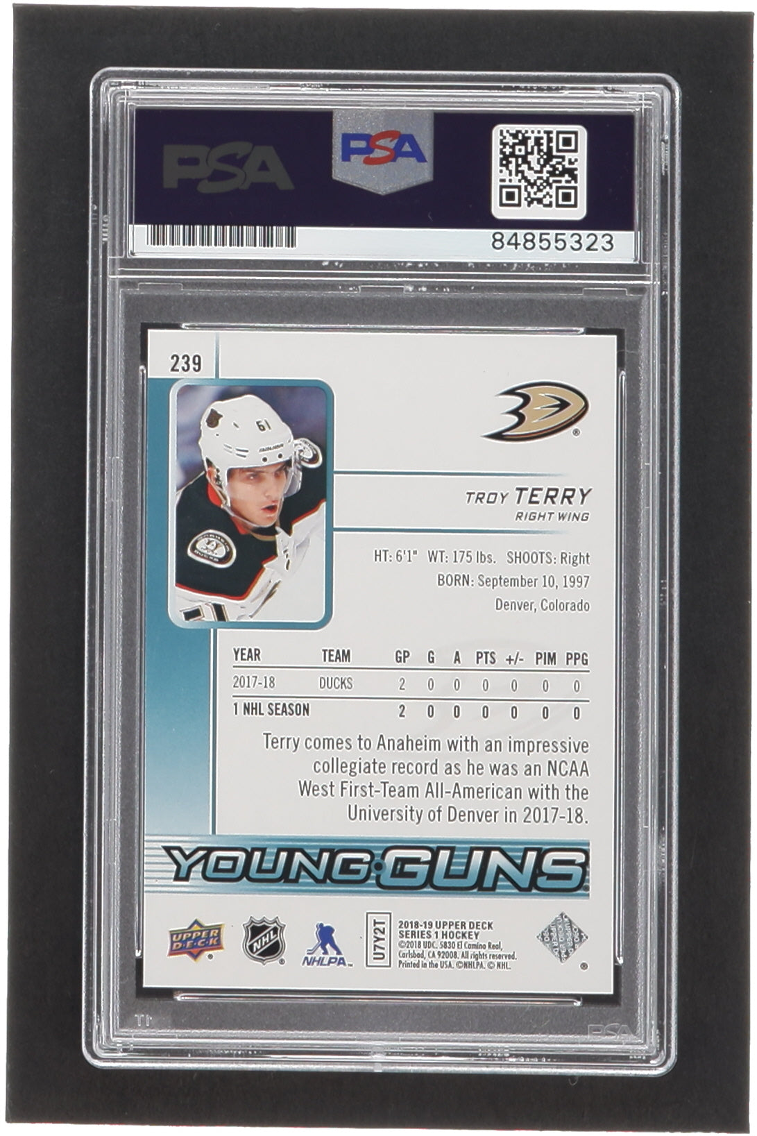 Troy Terry Signed 2018-19 Upper Deck #239 YG RC (PSA) - Rookie Card