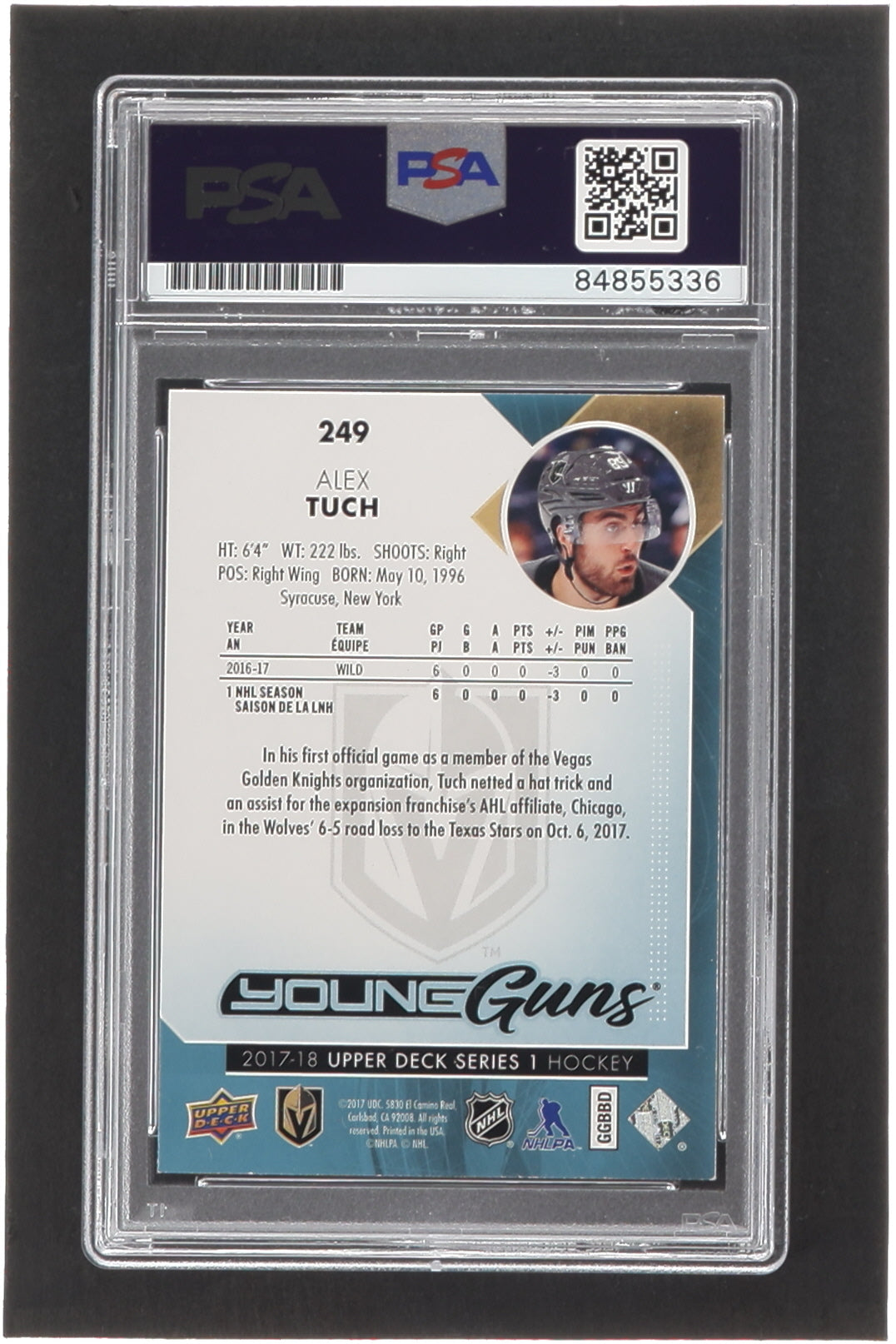 Alex Tuch Signed 2017-18 Upper Deck #249 YG RC (PSA) - Young Guns - Rookie Card