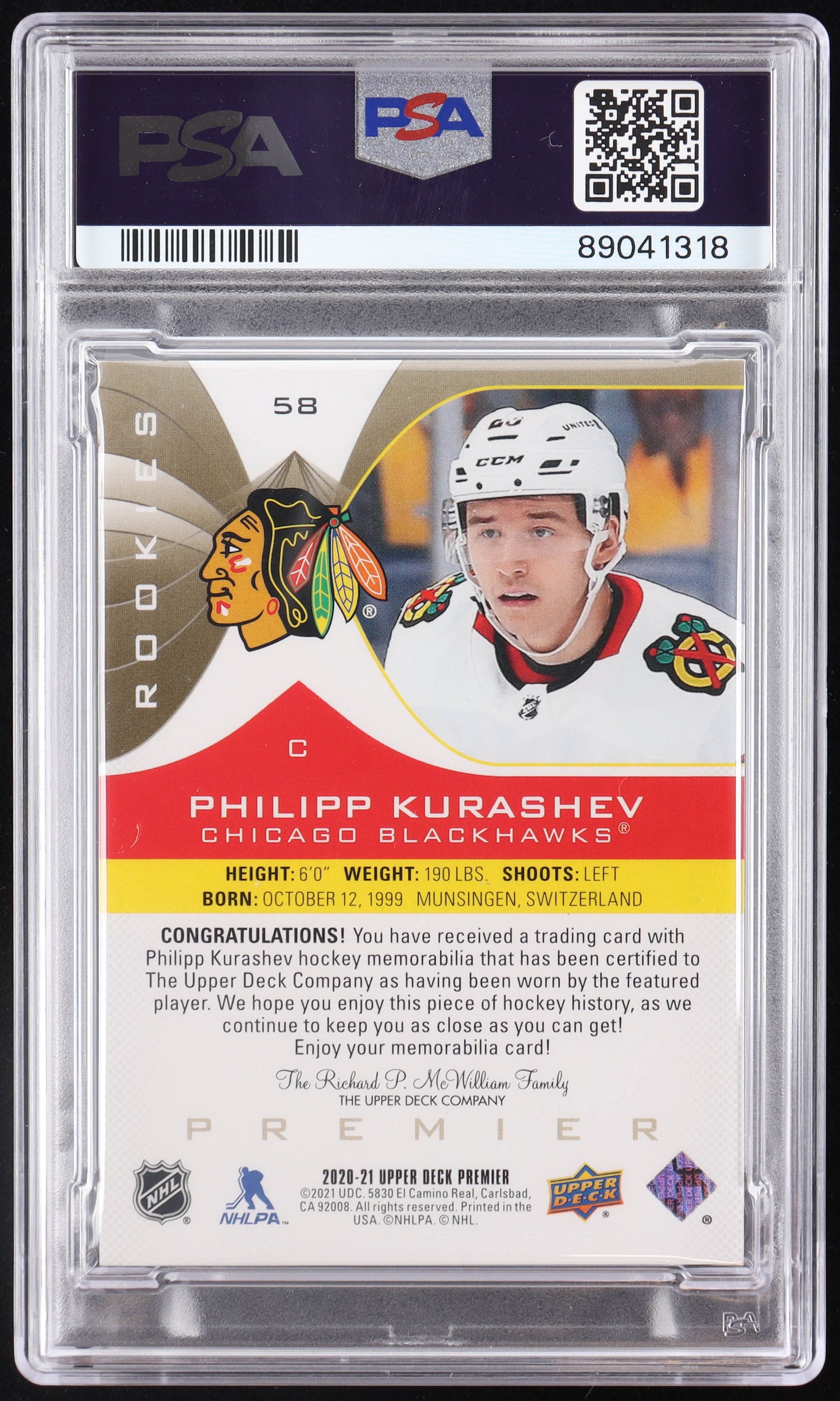 Philipp Kurashev Signed 2020-21 Upper Deck Premier Jersey Patch #58 #02/49 RC (PSA) Rookie Card | Serially Numbered #02 / 49