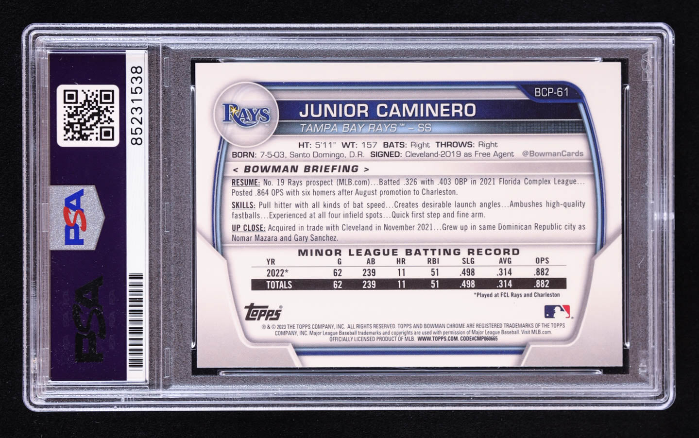 Junior Caminero Signed 2023 Bowman Chrome Prospects #BCP61 RC (PSA | Auto 10) Rookie Card | Autograph Graded PSA 10