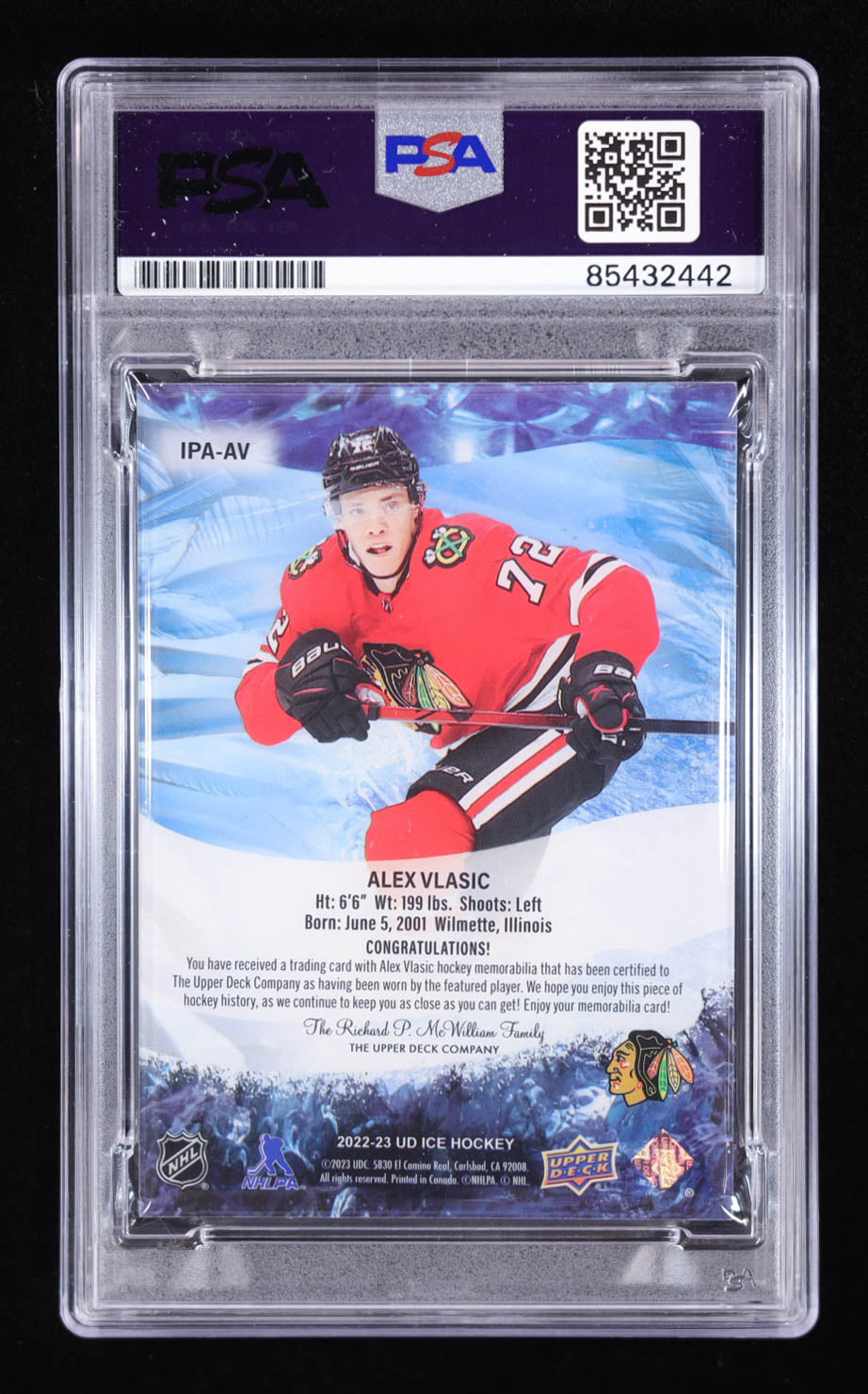 Alex Vlasic signed 2022 Upper Deck Premieres Jersey Ice #IPA-AV RC (PSA) - Rookie Card