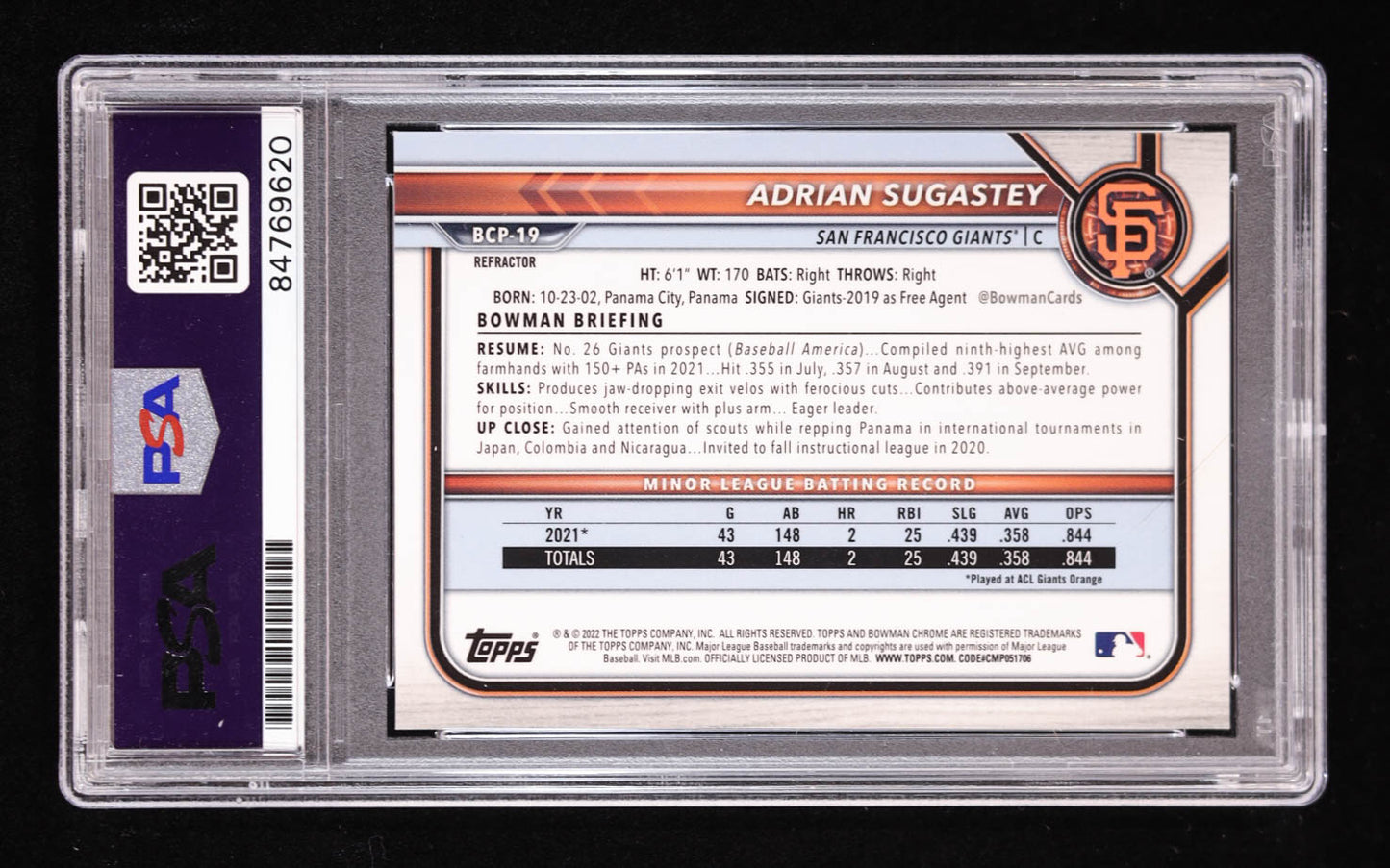 Adrian Sugastey Signed 2022 Bowman Chrome Prospect Refractor #BCP19 RC #4/499 (PSA) Rookie Card | Serially Numbered #475/499