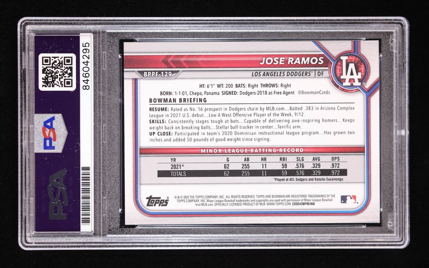 Jose Ramos Signed 2022 Bowman 1st Edition #BPPF129 RC (PSA | Auto 10) Rookie Card | Autograph Graded 10