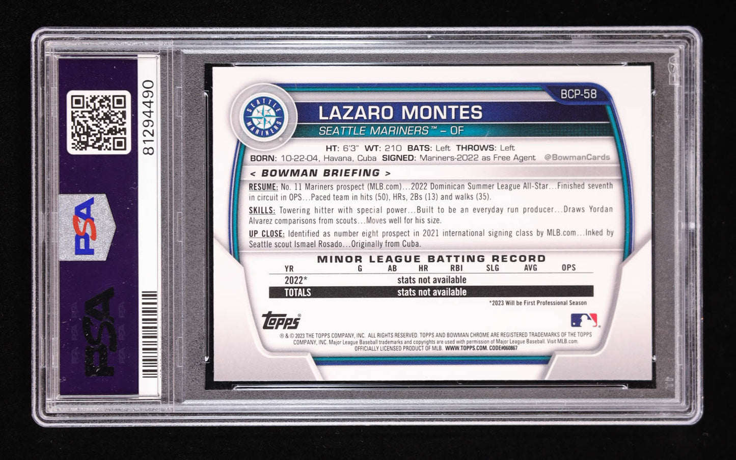 Lazaro Montes Signed 2023 Bowman Chrome Mega Box Prospects Refractors #BCP58 RC (PSA 10) Rookie Card