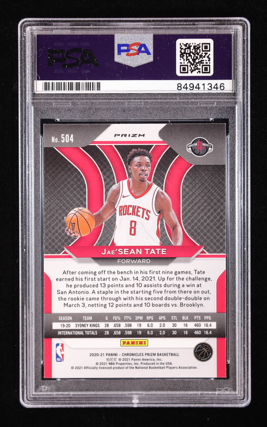 Jae'Sean Tate Signed 2020 Panini Prizm Silver #504 RC (PSA) Rookie Card