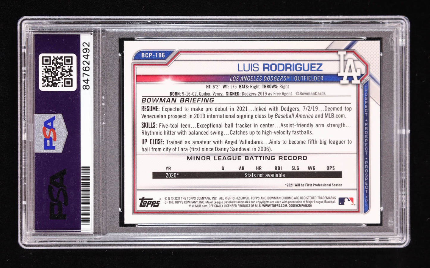 Luis Rodriguez Signed 2021 Bowman Chrome Mega Box Prospects Refractors #BCP196 RC (PSA | Auto 9) Rookie Card | Autograph Graded 9