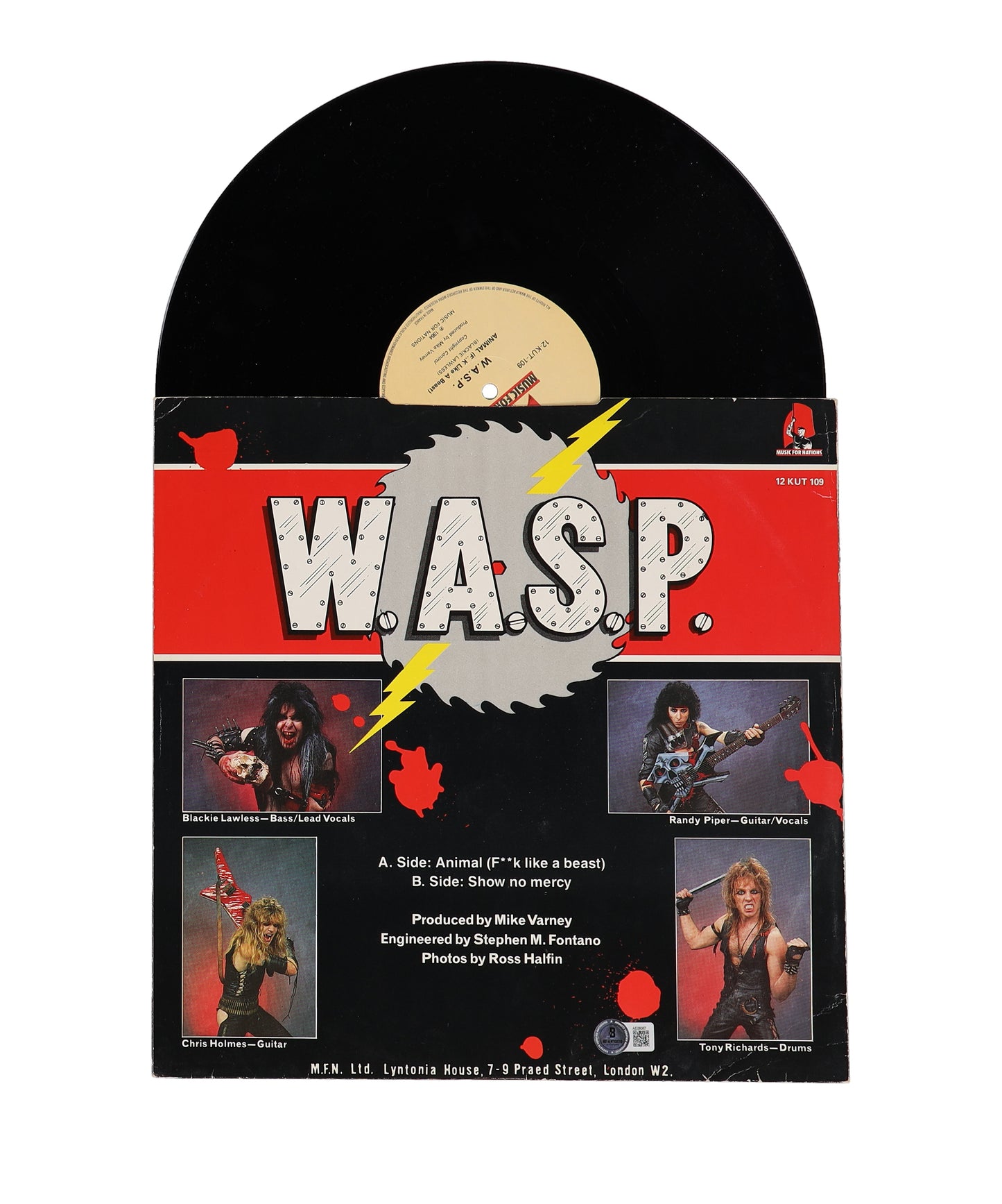 W.A.S.P. "Animal" Vinyl Record Album Band-Signed (Beckett) by (4) with Blackie Lawless, Johnny Rod, Doug Blair & Tripp Holland