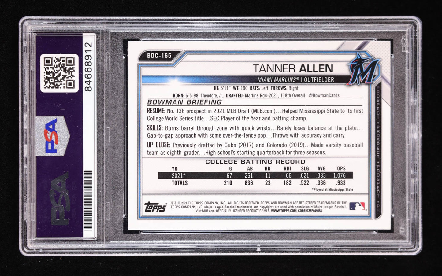 Tanner Allen Signed 2021 Bowman Draft Chrome #BDC165 RC (PSA) Rookie Card