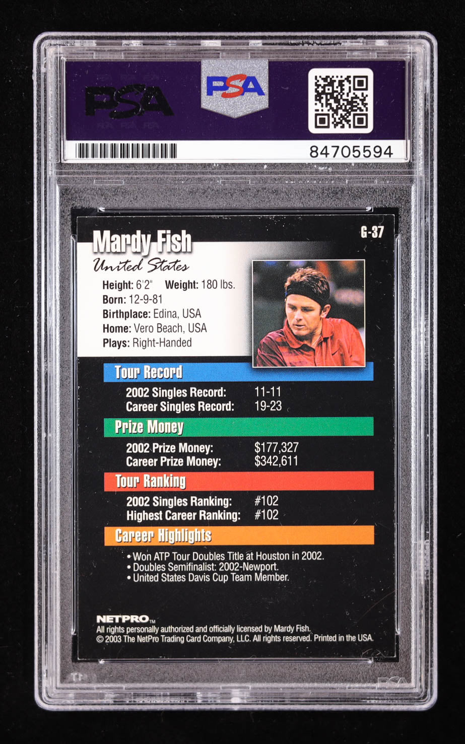 Mardy Fish Signed 2003 NetPro Glossy #G37 (PSA) Rookie Card