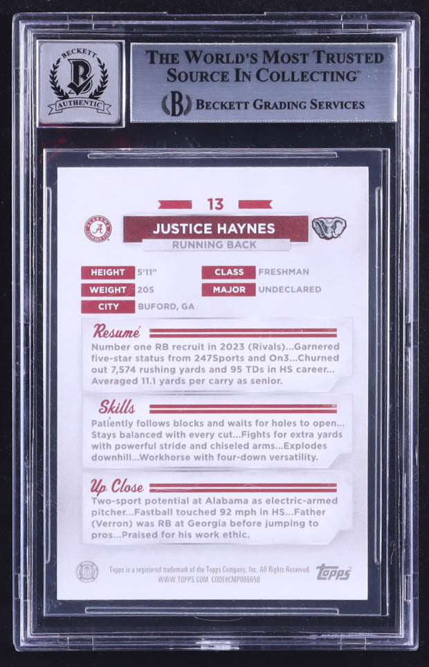 Justice Haynes Signed 2023 Bowman University Alabama Autographs Gold #13 RC #36/50 (BGS | Autograph Grade 10) Rookie Card | Serially Numbered #36 / 50