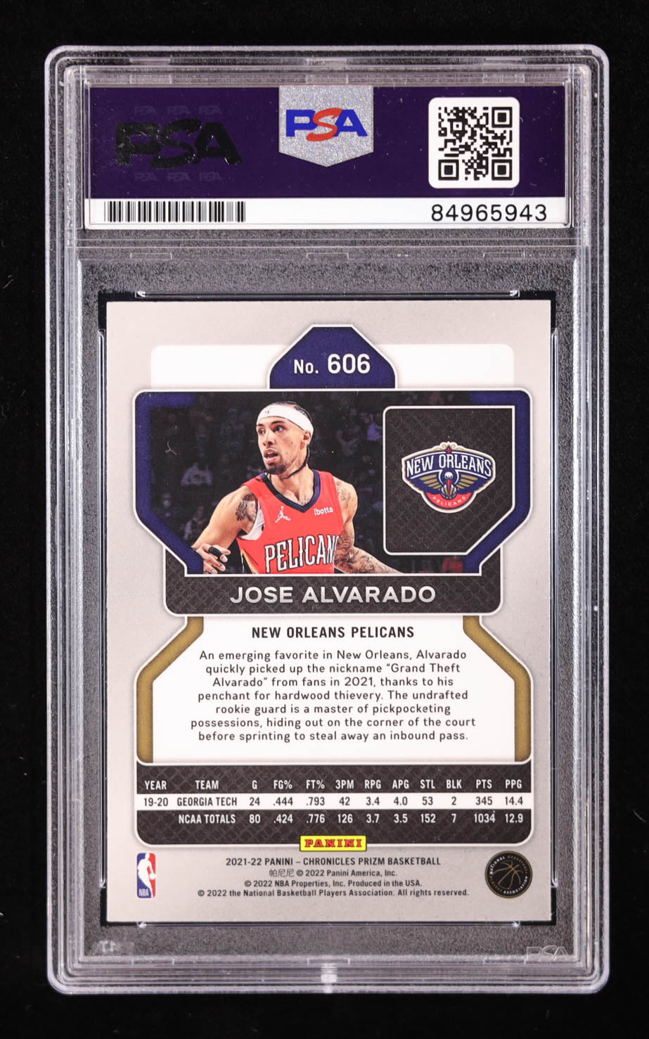 Jose Alvarado Signed 2021-22 Panini Prizm #606 RC (PSA | Auto 10) Rookie Card | Autograph Graded 10