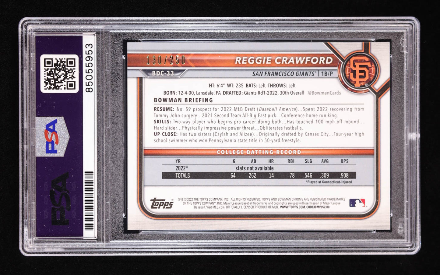 Reggie Crawford Signed 2022 Bowman Chrome Draft Purple Refractors #BDC33 #130/250 RC (PSA) Rookie Card | Serially Numbered #130/250
