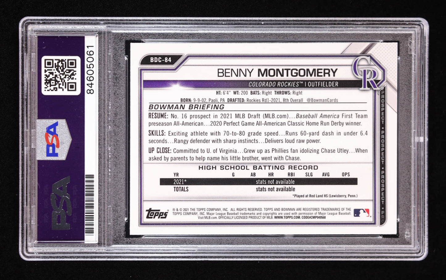 Benny Montgomery Signed 2021 Bowman Draft Chrome #BDC84 RC (PSA | Auto 10) Rookie Card | Autograph Graded 10