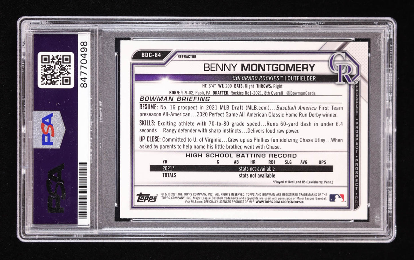 Benny Montgomery Signed 2021 Bowman Draft Chrome Refractor #BDC84 RC (PSA | Auto 10) Rookie Card | Autograph Graded 10