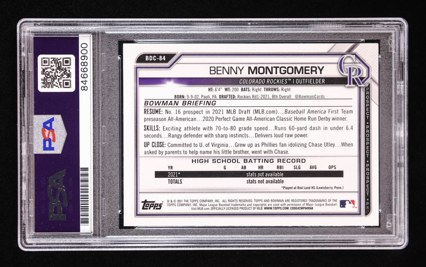 Benny Montgomery Signed 2021 Bowman Draft Chrome #BDC84 RC (PSA) Rookie Card