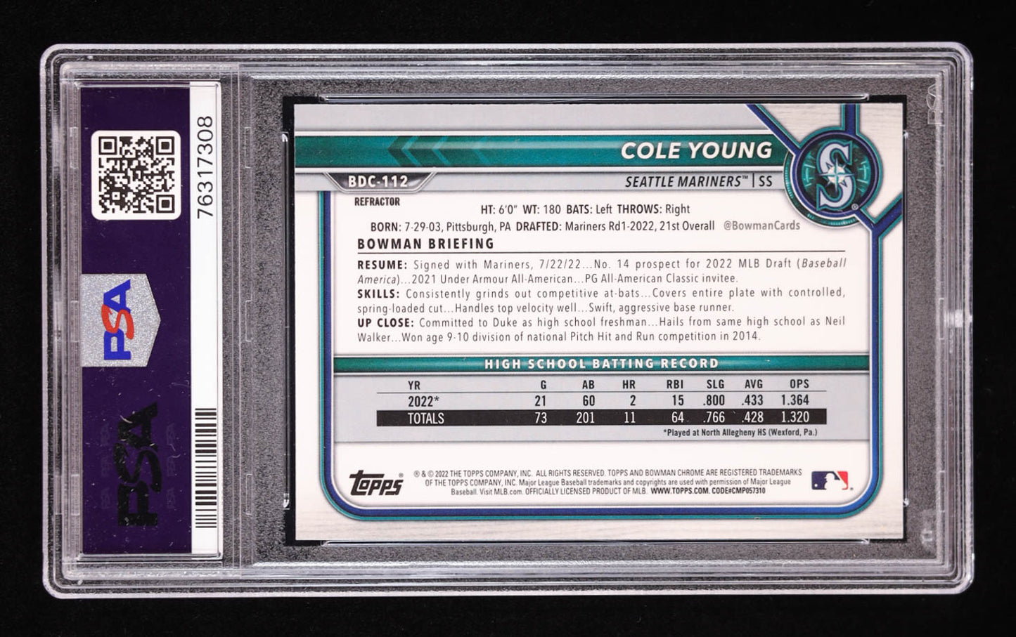 Cole Young Signed 2022 Bowman Chrome Draft Refractor #BDC112 RC (PSA 9 | Auto 10) Rookie Card | Autograph Graded 10