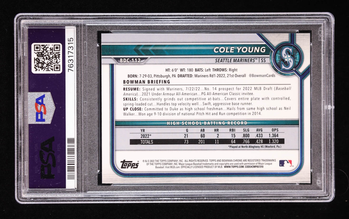 Cole Young Signed 2022 Bowman Chrome Draft #BDC112 RC (PSA 9 | Auto 10) Rookie Card | Autograph Graded 10