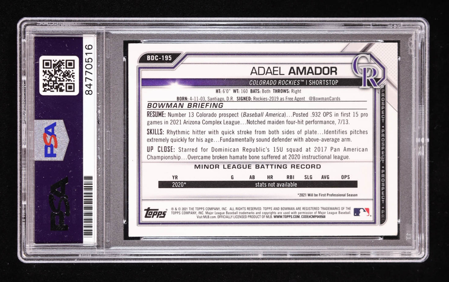 Adael Amador Signed 2021 Bowman Chrome Draft #BDC195 RC (PSA | Auto 10) Rookie Card | Autograph Graded 10
