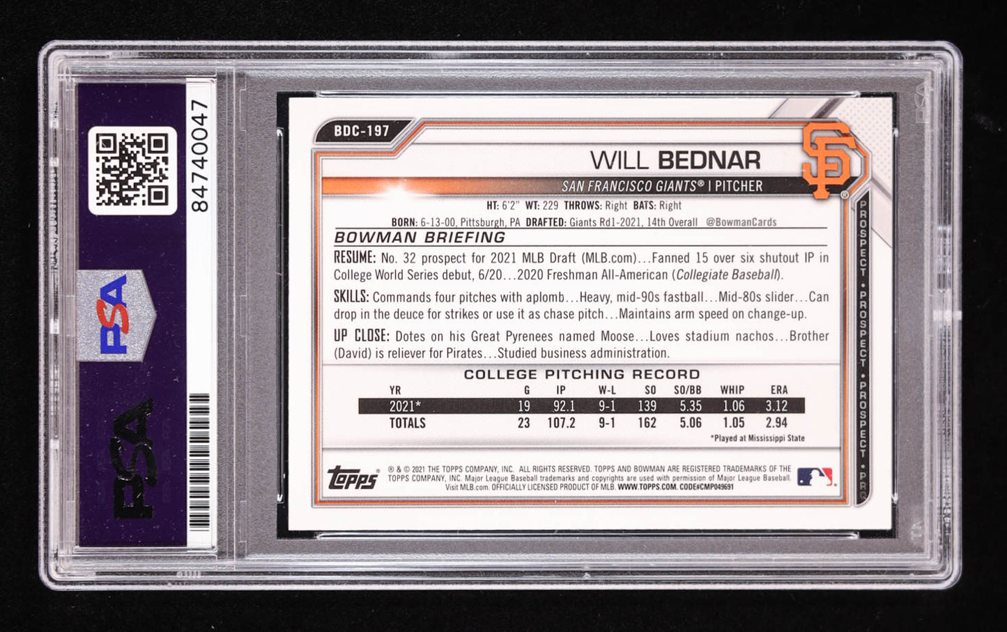 Will Bednar Signed 2021 Bowman Chrome Draft Sapphire #BDC197 RC (PSA | Auto 10) Rookie Card | Autograph Graded 10
