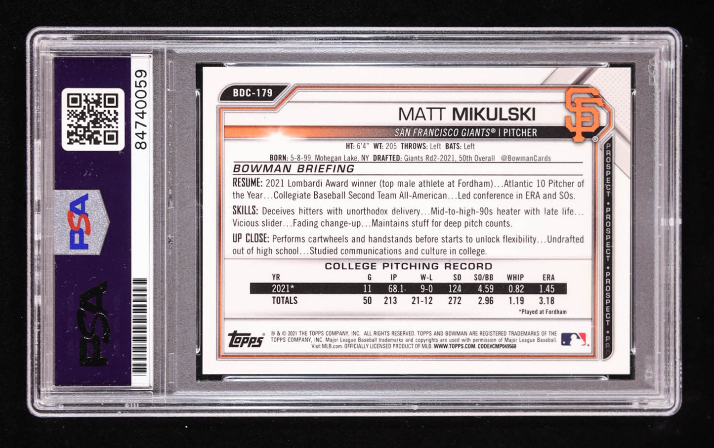 Matt Mikulski Signed 2021 Bowman Chrome Draft Orange Refractors #BDC179 #13/25 RC (PSA | Auto 10) Rookie Card | Autograph Graded 10 | Serially Numbered #13/25