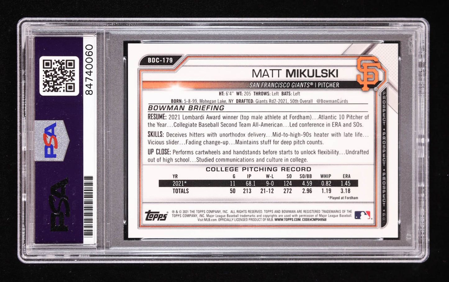 Matt Mikulski Signed 2021 Bowman Chrome Draft Purple Refractors #BDC179 #18/250 RC (PSA | Auto 10) Rookie Card | Autograph Graded 10 | Serially Numbered #18/250