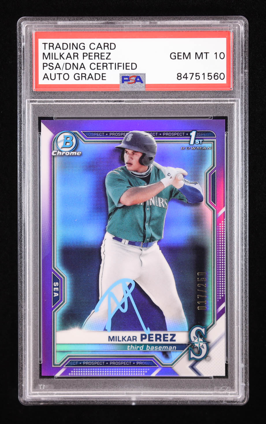 Milkar Perez Signed 2021 Bowman Chrome Prospects Purple Refractors #BCP215 #17/250 RC (PSA | Auto 10) Rookie Card | Autograph Graded 10 | Serially Numbered #17/250