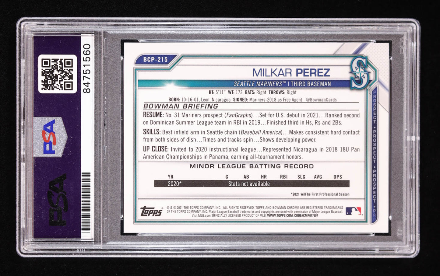 Milkar Perez Signed 2021 Bowman Chrome Prospects Purple Refractors #BCP215 #17/250 RC (PSA | Auto 10) Rookie Card | Autograph Graded 10 | Serially Numbered #17/250