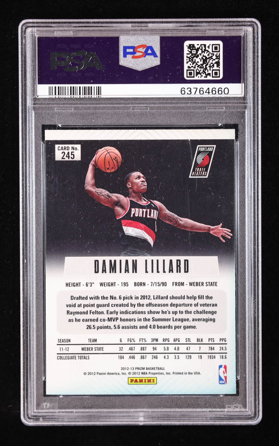 Damian Lillard Signed 2012 Panini Prizm #245 RC (PSA | Auto 10) Rookie Card | Autograph Graded 10