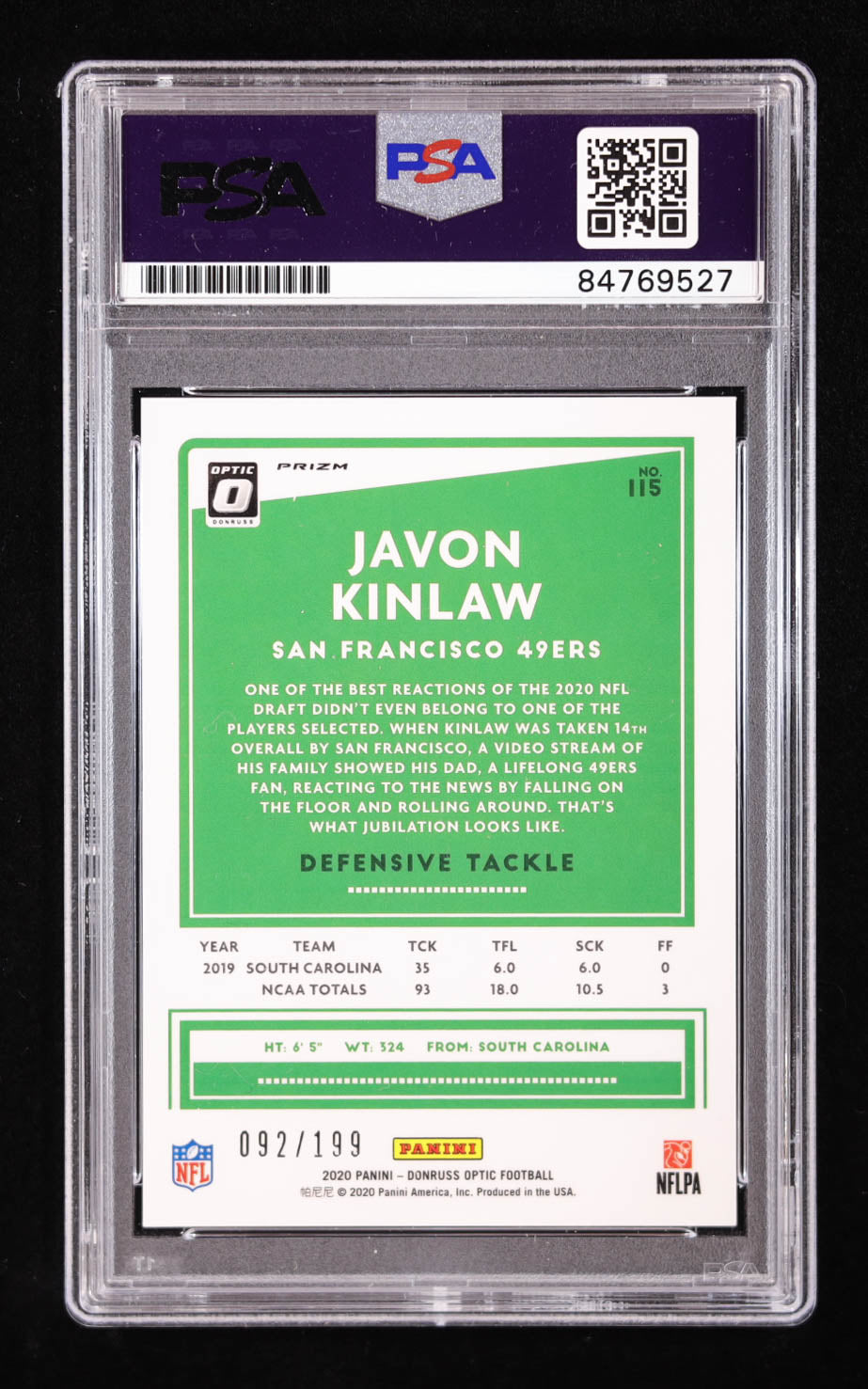 Javon Kinlaw Signed 2020 Donruss Optic Wave #115 #92/199 (PSA) Rookie Card | Serially Numbered #92/199