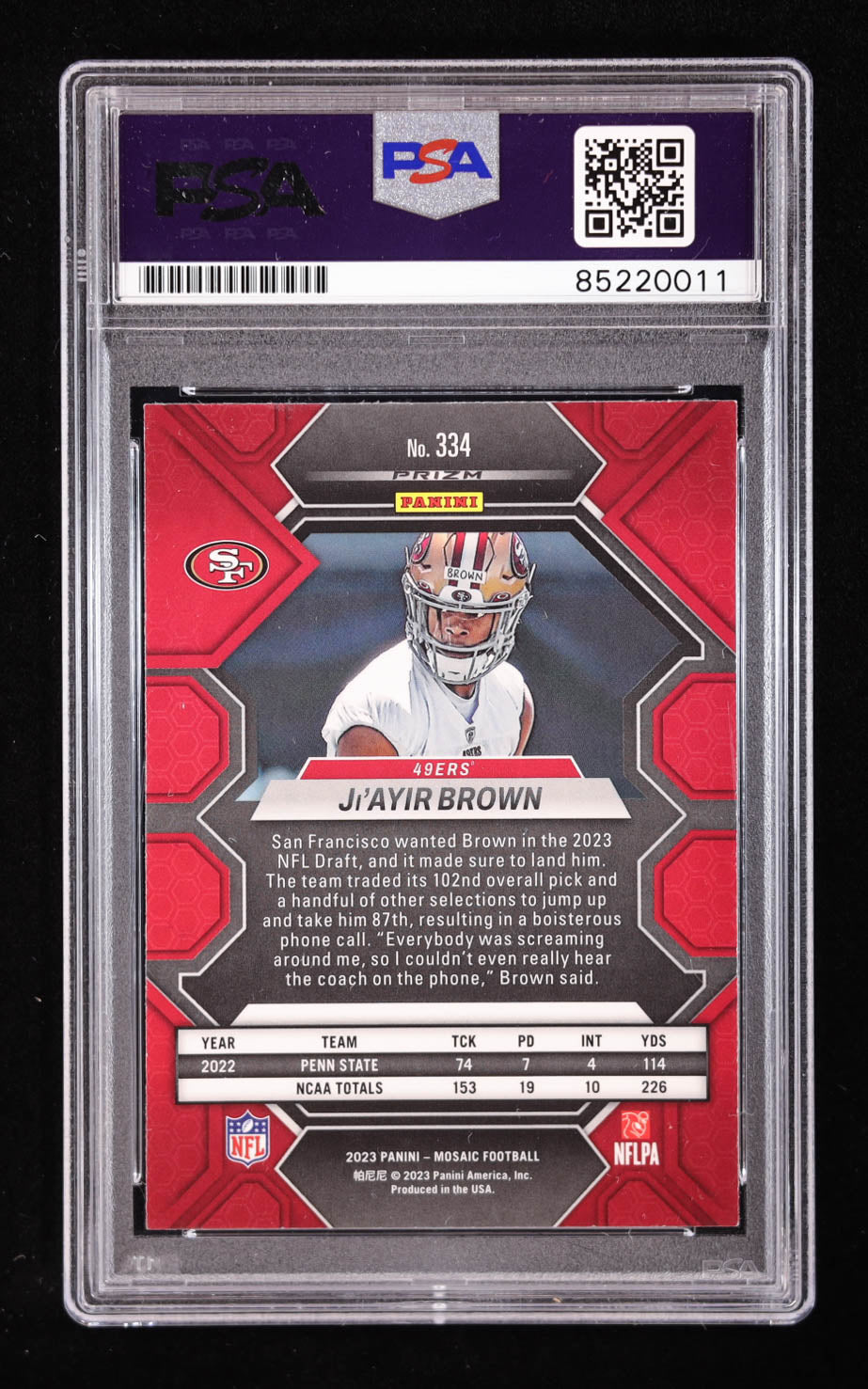 Ji'ayir Brown Signed 2023 Panini Mosaic Mosaic Reactive Blue #334 RC (PSA) Rookie Card