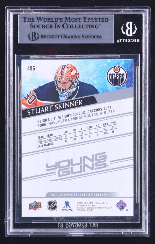 Stuart Skinner Signed 2020-21 Upper Deck #496 Young Guns RC (BGS) Rookie Card