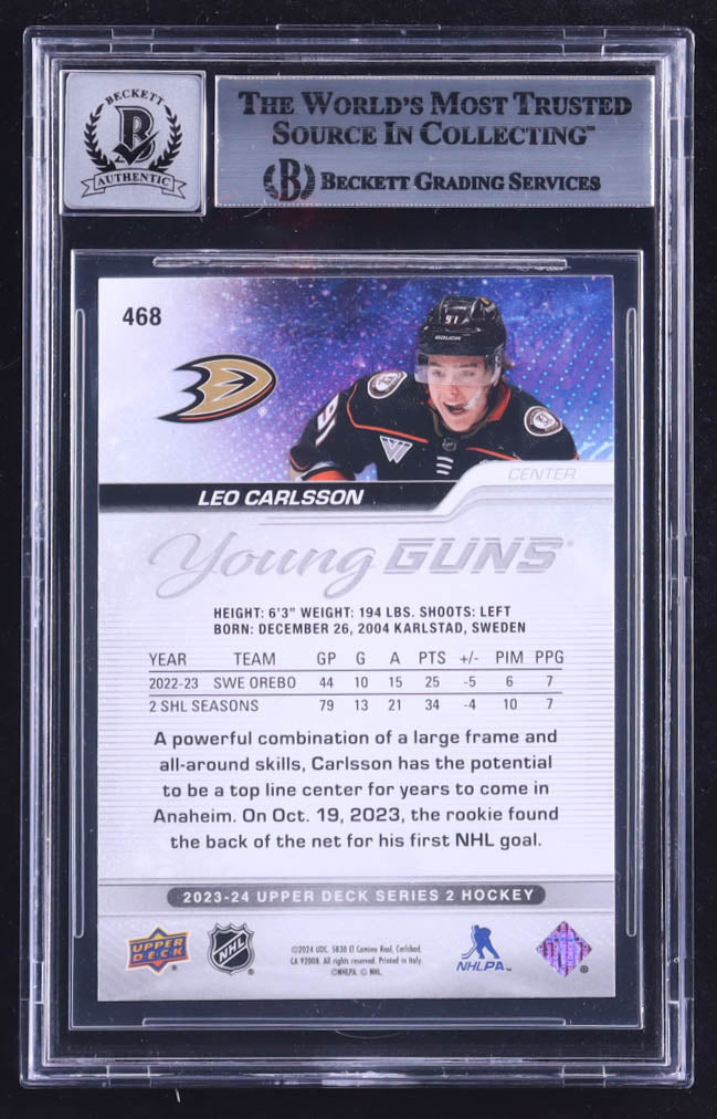 Leo Carlsson Signed 2023-24 Upper Deck #468 Young Guns RC (BGS | Autograph Grade 10) Rookie Card | Autograph Graded BGS 10
