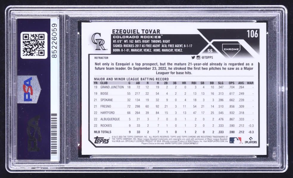 Ezequiel Tovar Signed 2023 Topps Chrome Refractors #106 RC (PSA) Rookie Card
