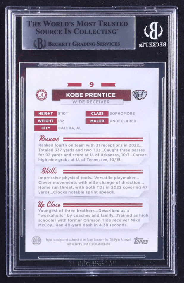 Kobe Prentice Signed 2023 Bowman University Alabama Camo #9 #48/75 RC (BGS) Rookie Card | Serially Numbered #48 / 75 | Beckett Witnessed
