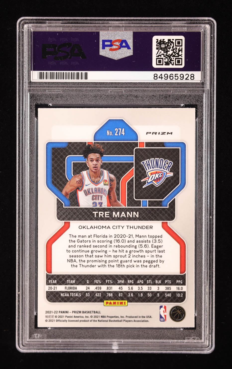 Tre Mann Signed 2021-22 Panini Prizm Prizms Ice #274 RC (PSA | Auto 10) Rookie Card