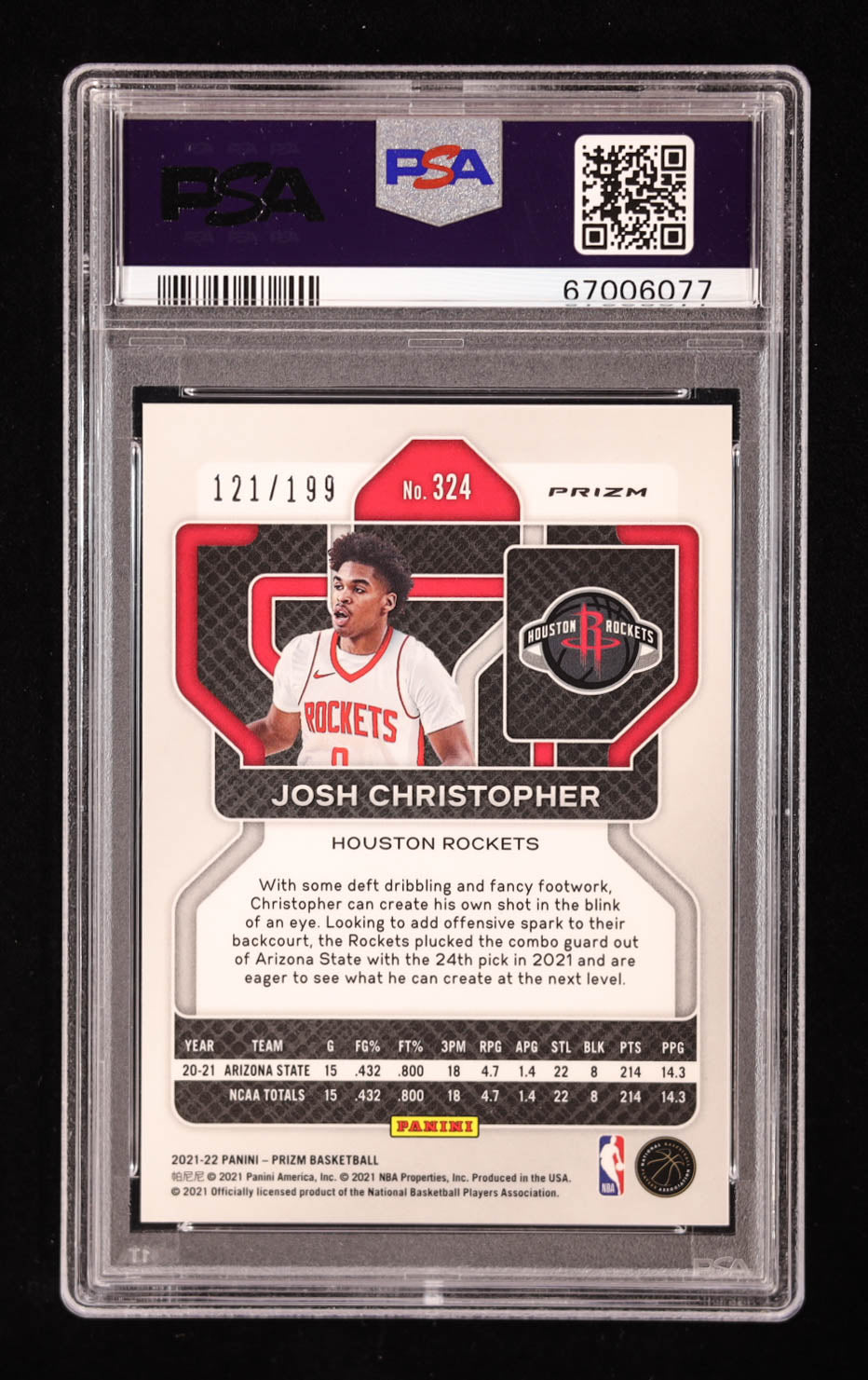 Josh Christopher Signed 2021-22 Panini Prizm Prizms Blue #324 #121/199 RC (PSA 9) Rookie Card | Serially Numbered #121 / 199
