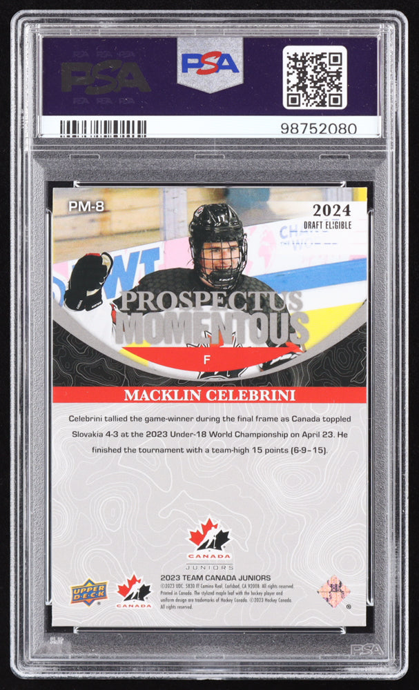 Macklin Celebrini Signed 2023-24 Upper Deck Team Canada Juniors Prospectus Momentous #PM8 RC (PSA 8) Rookie Card