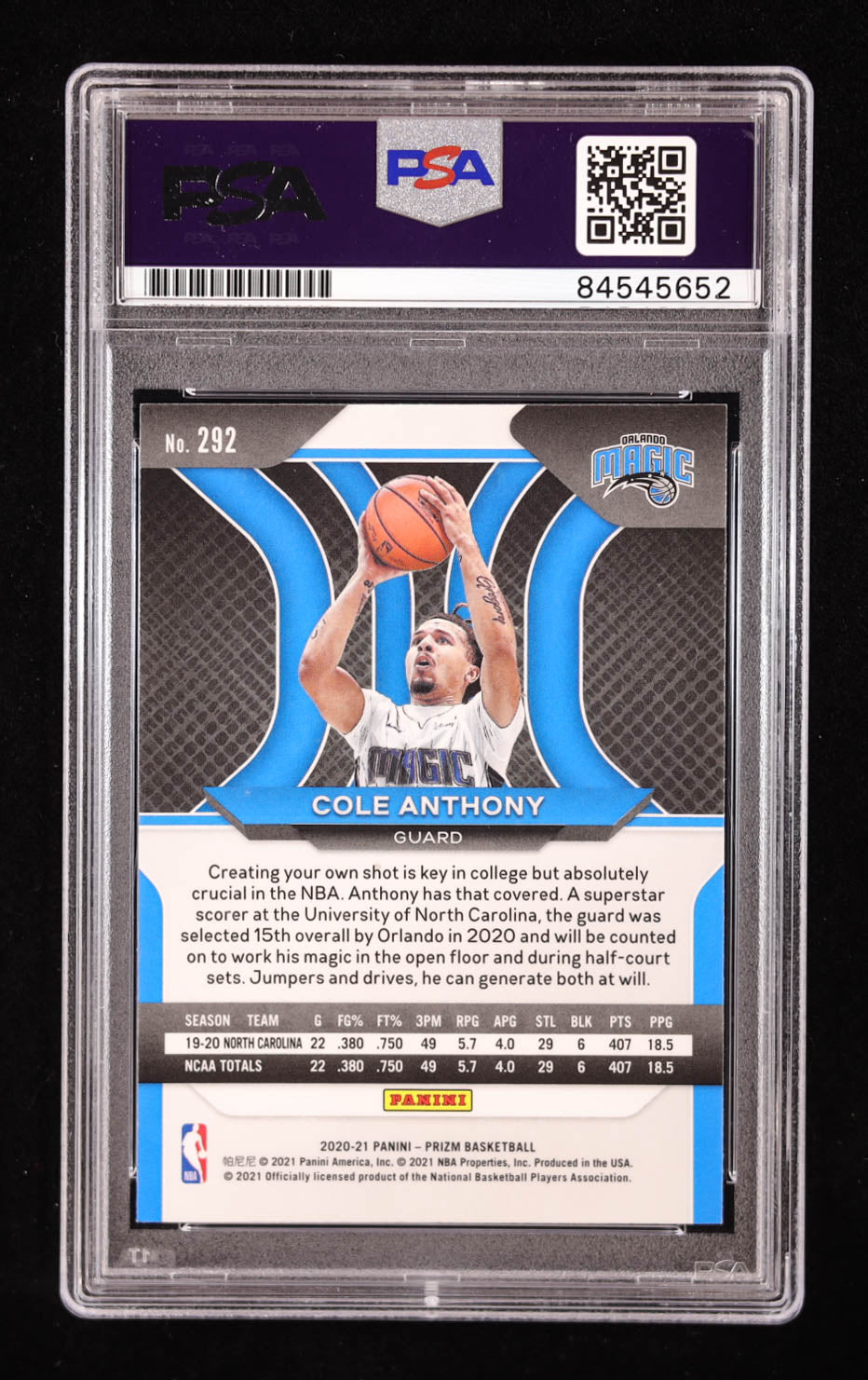Cole Anthony Signed 2020-21 Panini Prizm Prizms Silver #292 RC (PSA | Auto 10) Rookie Card