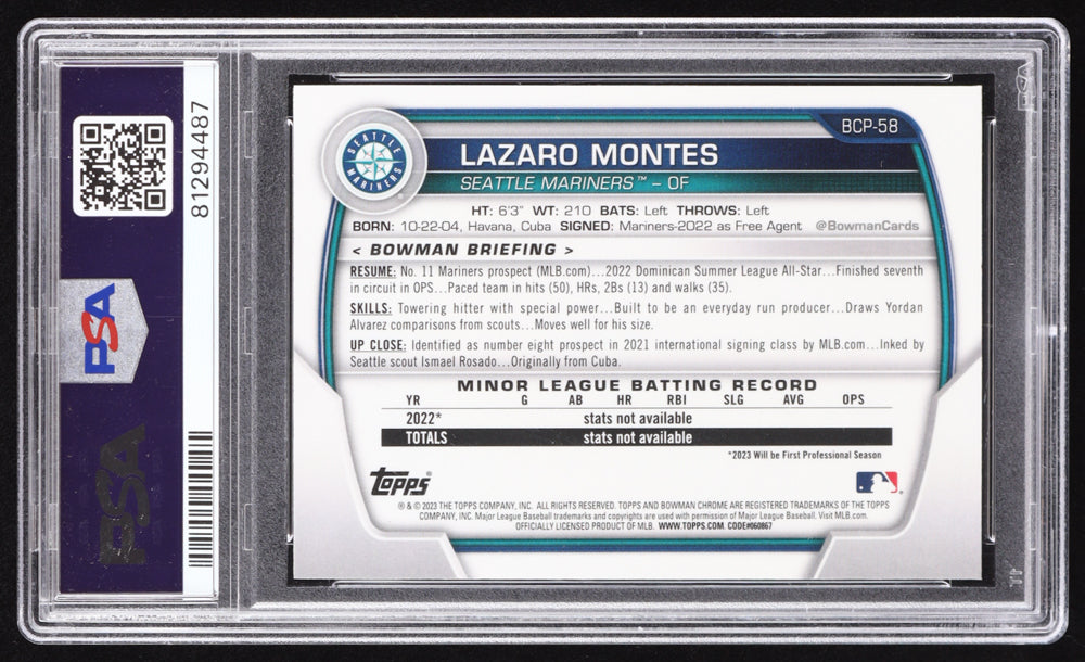 Lazaro Montes Signed 2023 Bowman Chrome Mega Box Prospects #BCP58 RC (PSA 9) Rookie Card