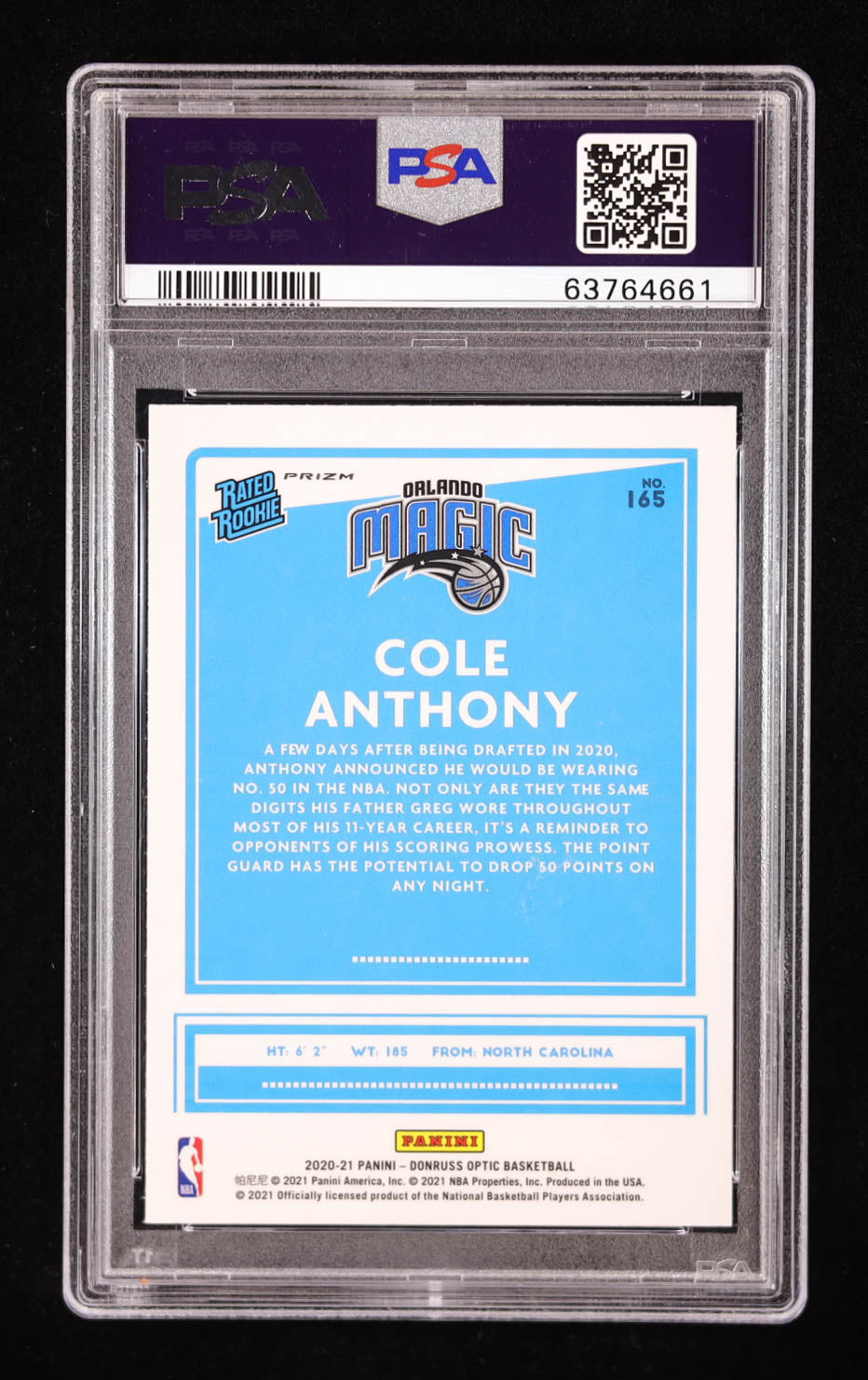 Cole Anthony Signed 2020-21 Panini Donruss Optic Holo #165 RR RC (PSA | Auto 10) Rookie Card