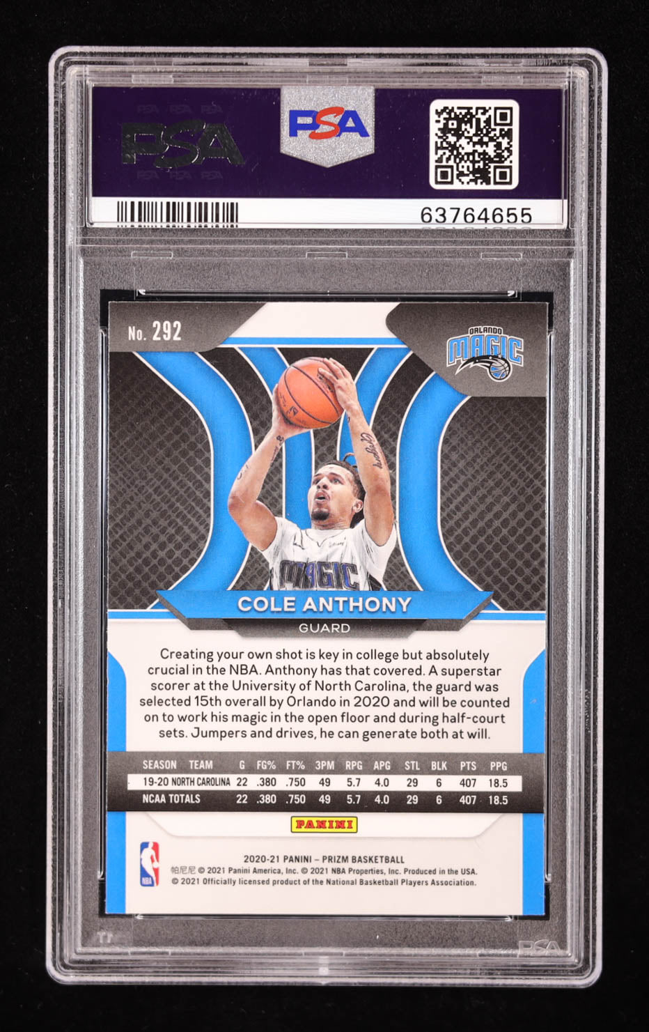 Cole Anthony Signed 2020-21 Panini Prizm Prizms Silver #292 RC (PSA | Auto 10) Rookie Card