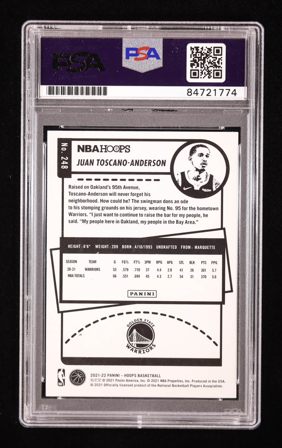 Juan Toscano-Anderson Signed 2021-22 Hoops #248 RC (PSA) Rookie Card