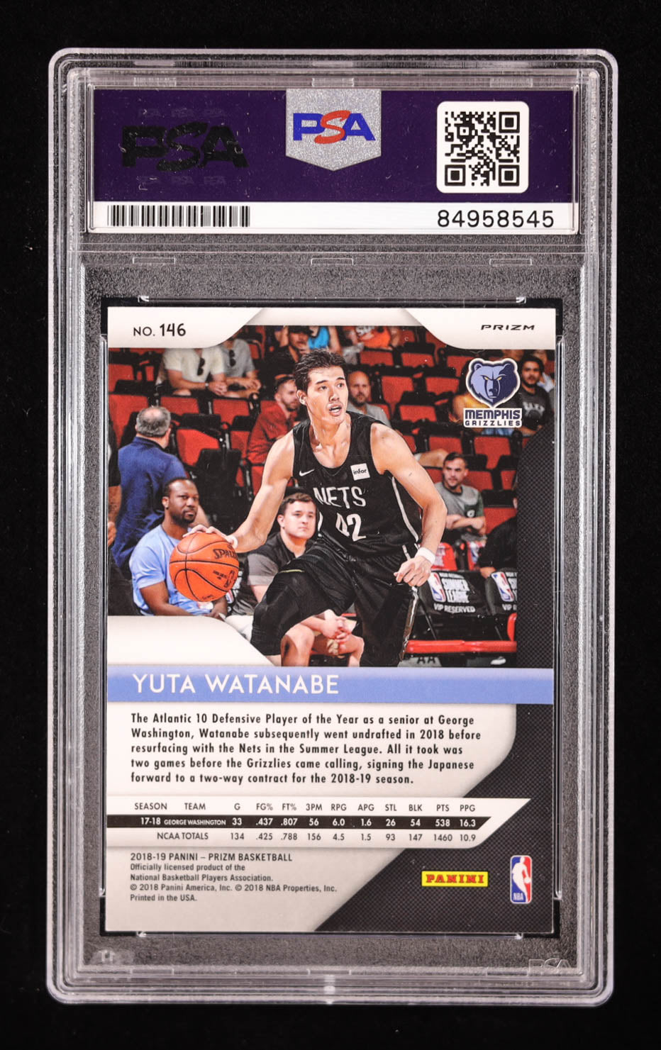 Yuta Watanabe Signed 2018-19 Panini Prizm Red, White & Blue Prizm #146 RC (PSA | Auto Grade 10) Rookie Card