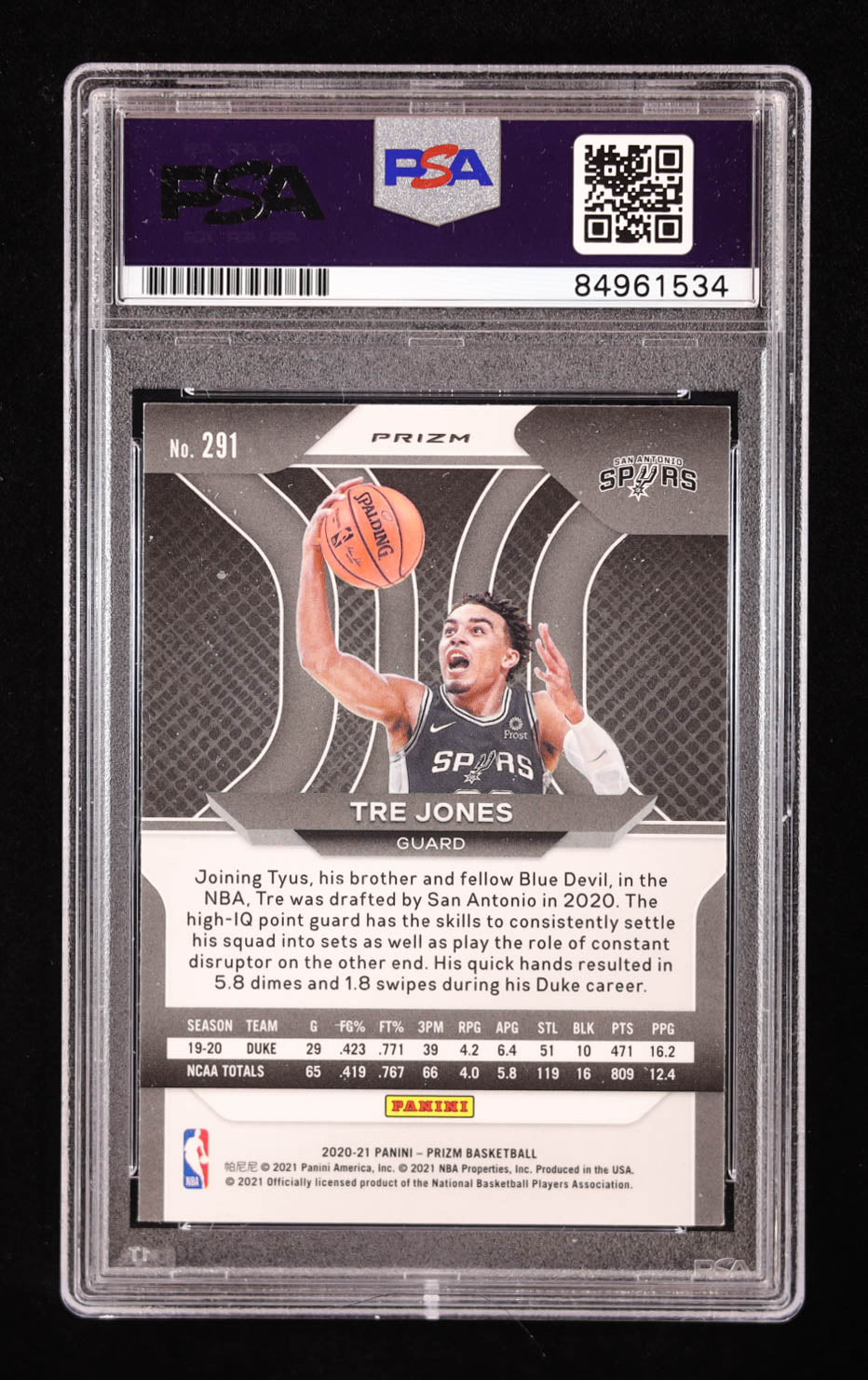 Tre Jones Signed 2020-21 Panini Prizm Green #291 RC (PSA | Auto Grade 10) Rookie Card