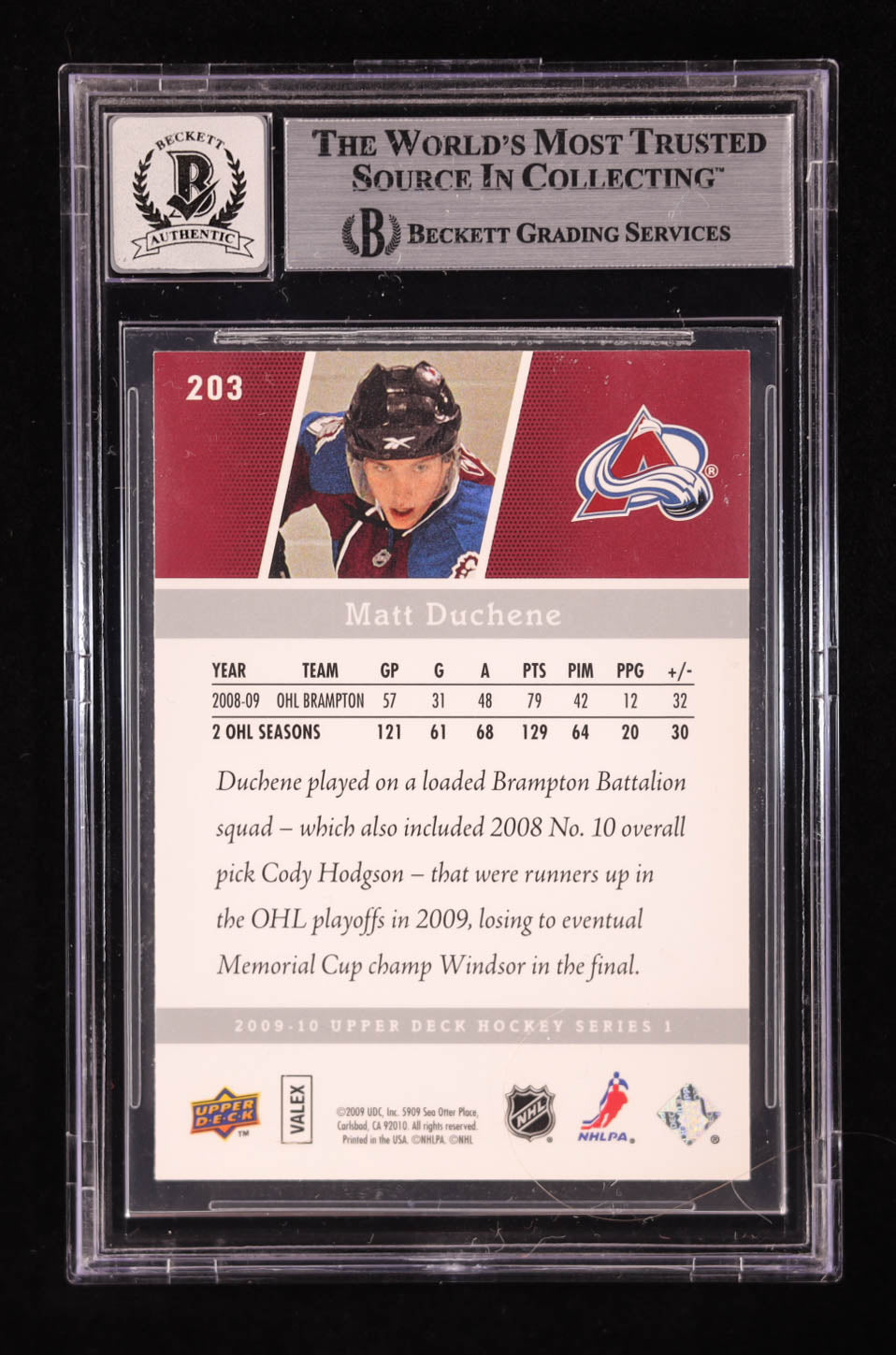 Matt Duchene Signed 2009-10 Upper Deck #203 YG RC (BGS | Auto 10) Rookie Card