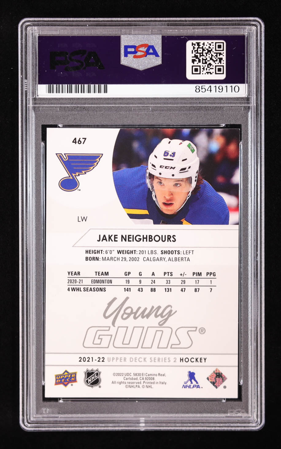 Jake Neighbours Signed 2021-22 Upper Deck #467 Young Guns RC (PSA) Rookie Card - YG